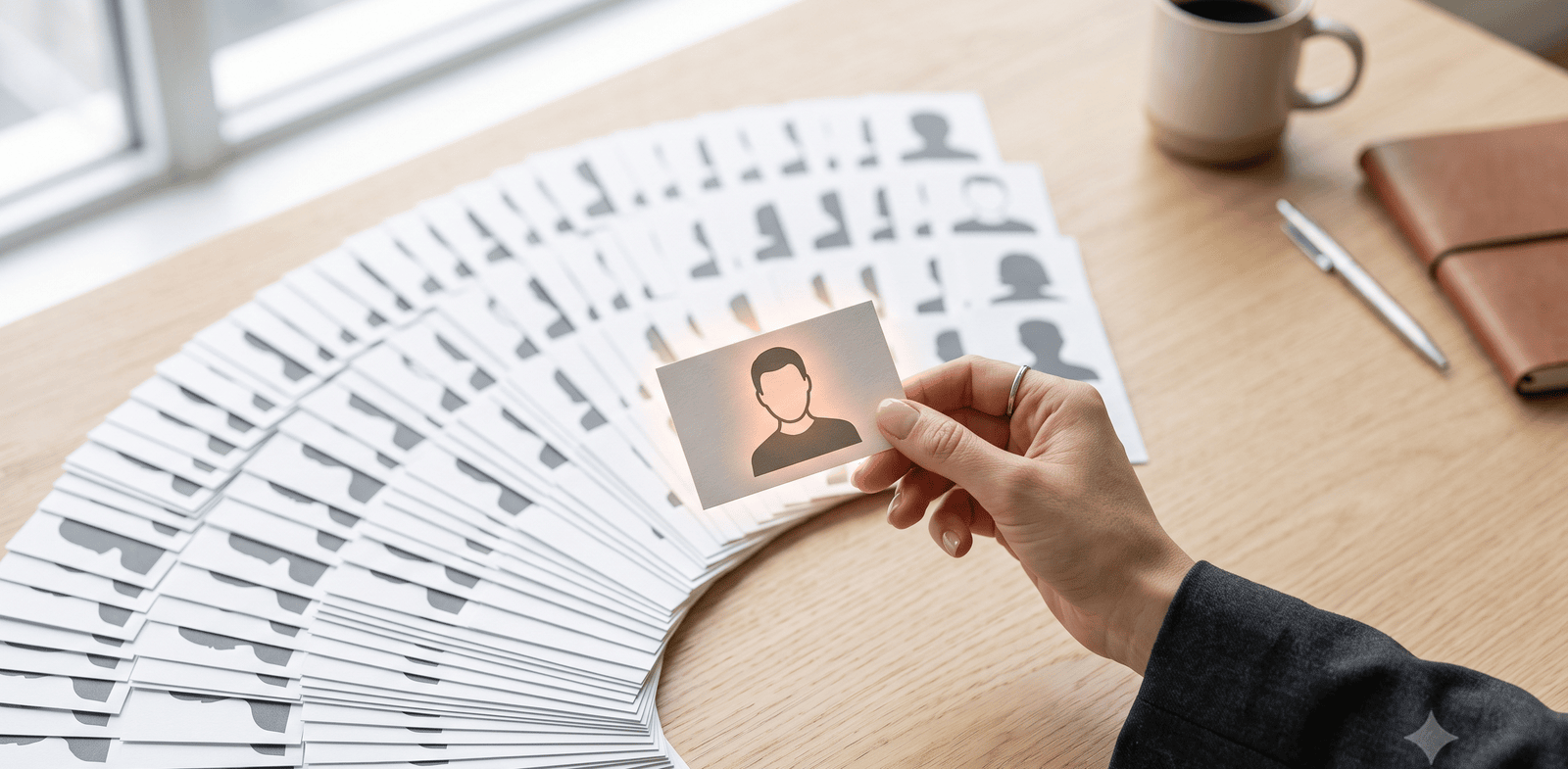 Eine Hand wählt ein Bewerberfoto aus vielen Kandidatenprofilen
