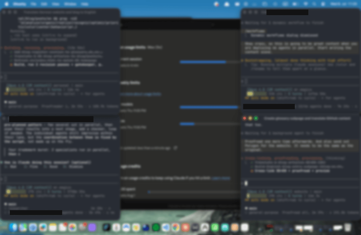 Unscharfe Aufnahme eines Bildschirms mit mehreren geoeffneten Terminal-Fenstern, in denen KI-Agenten gleichzeitig arbeiten